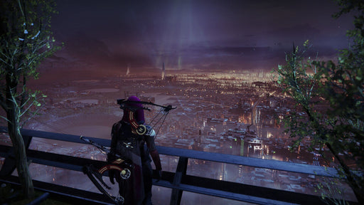 Guardian overlooking a futuristic city in Destiny 2 – A Guardian clad in a hooded outfit with a high-tech bow looks over a sprawling futuristic city at night, illuminated by thousands of lights under a dark sky. Find your next adventure in Destiny 2: Forsaken at RushGame.co