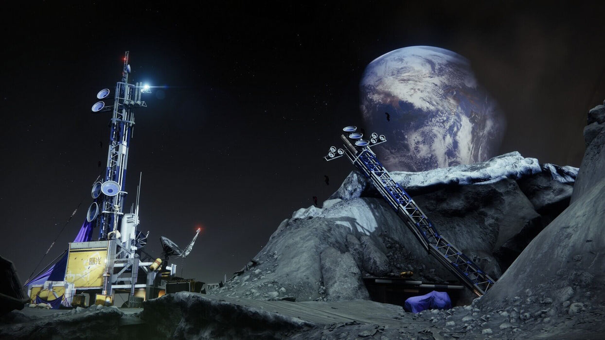 Lunar base in Destiny 2: Forsaken – A futuristic lunar outpost with communication towers and antennas reaching into the sky, set against a backdrop of Earth as seen from the Moon. A haunting and atmospheric location from Destiny 2: Forsaken. Get your game key instantly at RushGame.co