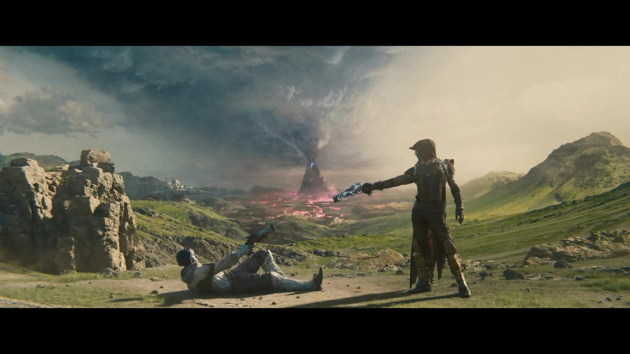 Cinematic scene from Destiny 2: Forsaken – A dramatic cinematic still from Destiny 2: Forsaken showing a Guardian standing over another fallen character with a weapon drawn, set against a stormy sky and a mysterious dark tower in the distance. Explore the adventure at RushGame.co