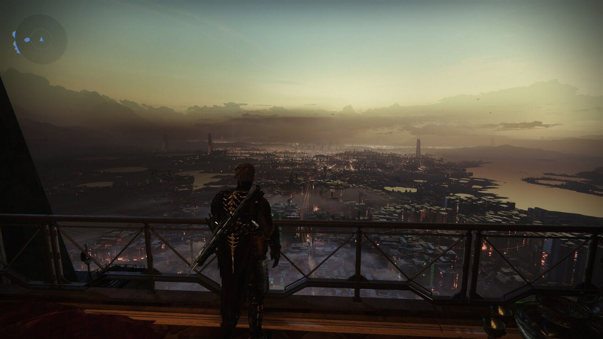 Destiny 2: Legacy Collection 2023 Scenic View – A guardian stands at the edge of a ruined city, overlooking a futuristic metropolis at sunset in Destiny 2. Get your Steam CD key at RushGame.co