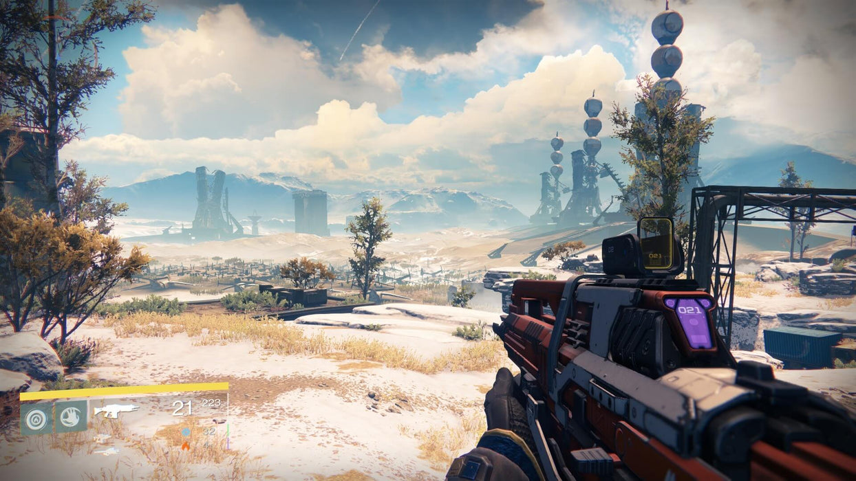 Destiny 2: Legacy Collection 2023 Gameplay Exploration – A first-person view of a guardian aiming at an open, snowy wasteland filled with satellite towers in Destiny 2. Purchase the collection today at RushGame.co