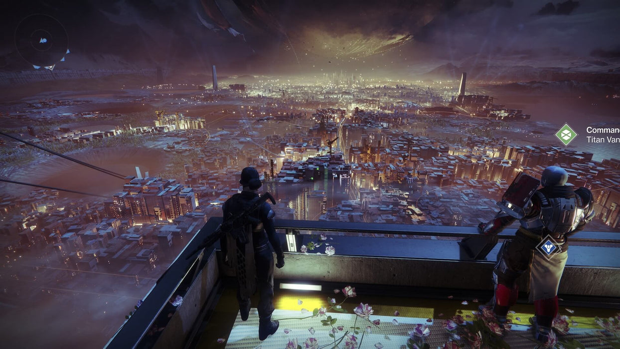 Gameplay screenshot: A Guardian stands on a balcony overlooking a vast futuristic city in Destiny 2. The skyline is illuminated by golden lights, while a storm brews in the distance. Explore the sci-fi world of Destiny 2 with stunning visuals and epic battles. Buy your game key at RushGame.co