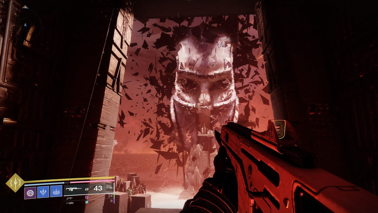 gameplay screen - A first-person perspective in Destiny 2 shows a Guardian aiming at a massive shattered face in a fiery red environment. The intense scene captures the dark and mysterious atmosphere of the game. Purchase your Destiny 2 game key now at RushGame.co