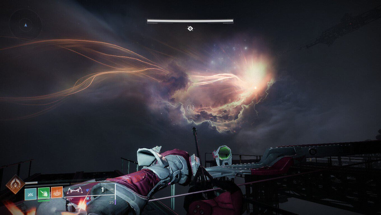 gameplay screenshot - A dramatic sky scene from Destiny 2, featuring a Guardian aiming a bow at a swirling cosmic phenomenon resembling a nebula. The environment is dark and atmospheric, with futuristic structures in the background. Find Destiny 2 DLCs at RushGame.co