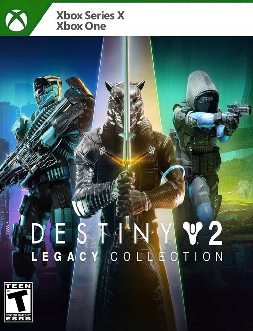 The cover art for Destiny 2: Legacy Collection 2024 on Xbox Series X and Xbox One, featuring three armored Guardians with futuristic weapons. The central figure holds a glowing sword, while the others wield high-tech firearms. Get your Destiny 2 game codes at RushGame.co