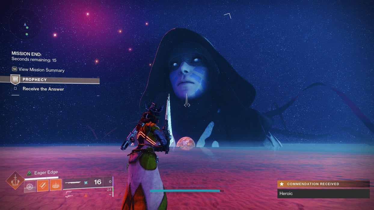 Gameplay screen - A breathtaking cinematic moment from Destiny 2, where a Guardian faces a colossal celestial figure with an ethereal, glowing face in a surreal, dream-like setting. The atmospheric colors and deep contrast make this an unforgettable visual. Explore Destiny 2’s vast universe by purchasing your game keys at RushGame.co