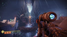 A stunning in-game screenshot from Destiny 2, showing a Guardian aiming a sniper rifle at a towering, mystical figure with glowing blue energy emanating from its form. The eerie, atmospheric lighting enhances the grandeur of this scene from one of the game’s intense encounters. Buy your Destiny 2 expansions and DLCs at RushGame.co