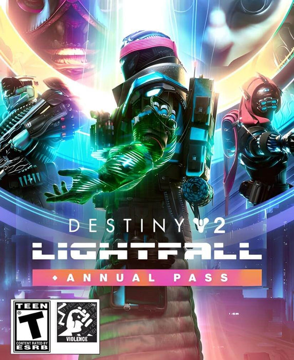 Cover art for Destiny 2: Lightfall Annual Pass on PC Steam, featuring cyberpunk-inspired Guardians. Buy your digital expansion key now at RushGame.co