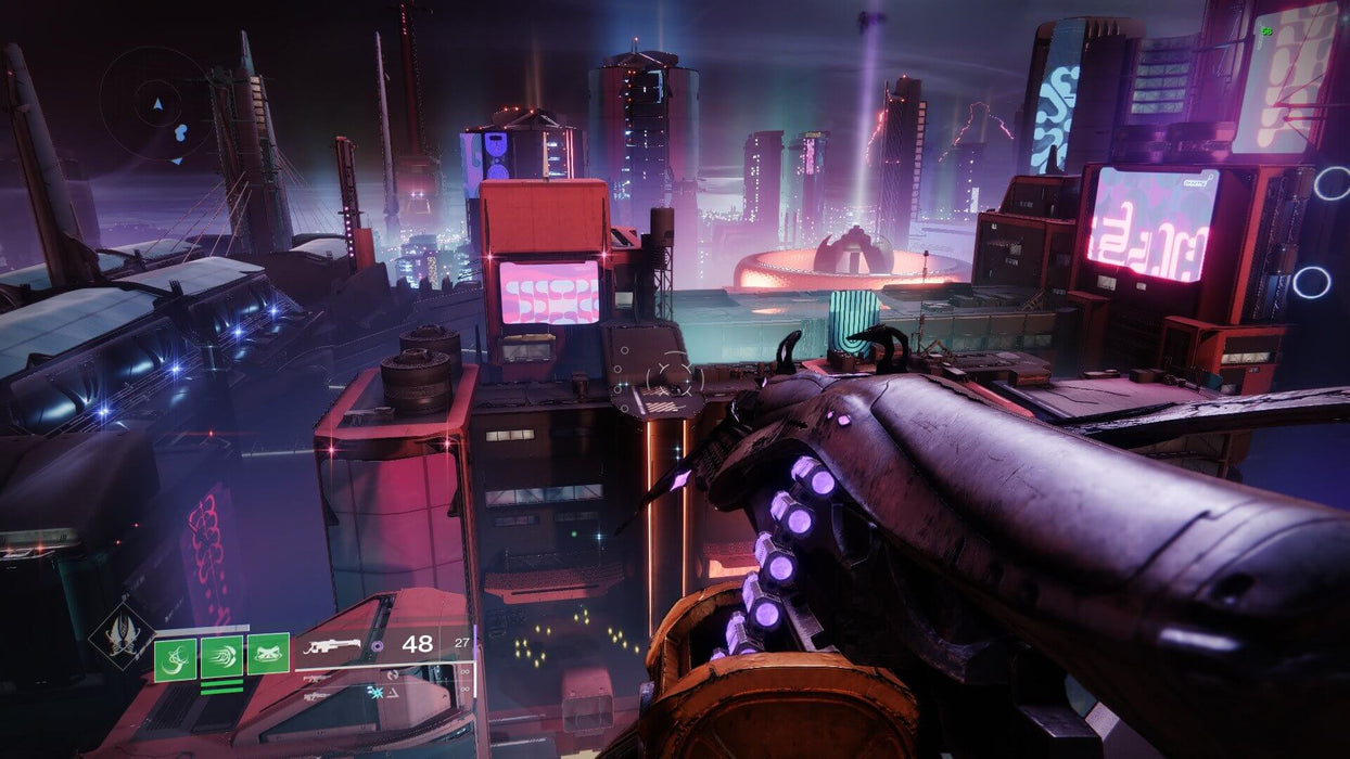 Gameplay screen - A first-person perspective of a player overlooking a futuristic neon-lit city in Destiny 2: Lightfall. The cyberpunk-inspired skyline is filled with glowing billboards and towering skyscrapers, as the Guardian wields an exotic weapon. Explore the vibrant world of Neomuna in Destiny 2 Lightfall—available at RushGame.co