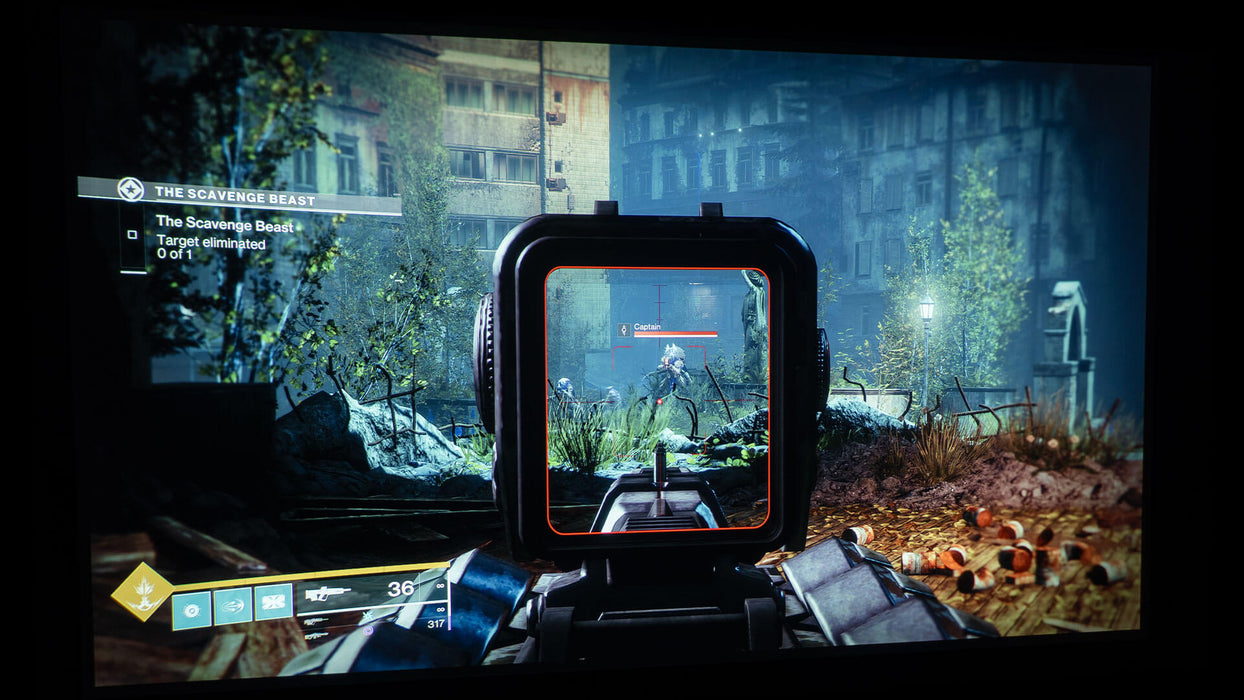 Gameplay screen - A Guardian aims down the sights at a "Captain" enemy in a post-apocalyptic overgrown urban setting in Destiny 2: Lightfall. The mission objectives on-screen indicate a high-stakes combat sequence in the game’s immersive world. Get your Destiny 2 Lightfall key at RushGame.co