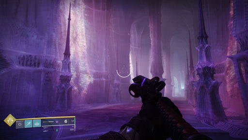 A stunning in-game screenshot from Destiny 2: The Final Shape, depicting a Guardian navigating through an eerie, purple-hued cavern filled with spiked, alien structures. Purchase Destiny 2: The Final Shape DLC at RushGame.co