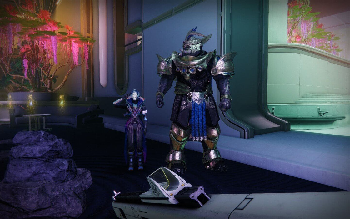 A scene from Destiny 2 showing two distinct characters in a futuristic, mystical environment filled with lush, glowing vegetation. The player's weapon is visible in the foreground. Buy Destiny 2: The Final Shape DLC at RushGame.co.
