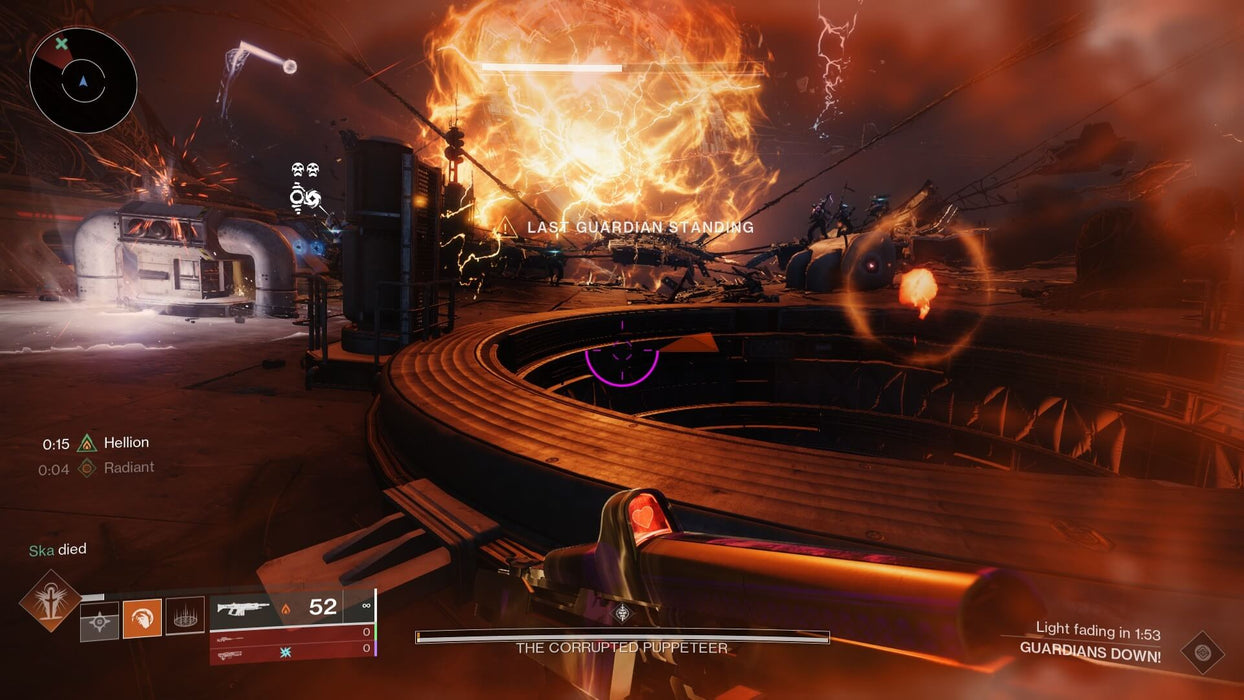 A dramatic in-game moment from Destiny 2: The Final Shape, where the last Guardian stands against the odds amid a fiery explosion and intense combat. The player's weapon is aimed at a circular battlefield with enemies in the distance. Buy Destiny 2: The Final Shape DLC at RushGame.co