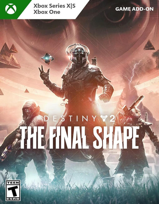 Cover art for Destiny 2: The Final Shape DLC for Xbox Series X|S and Xbox One, featuring three heavily armored Guardians with weapons ready, set against a cosmic backdrop of mysterious floating pyramids. Get Destiny 2: The Final Shape DLC at RushGame.co