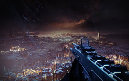 Gameplay screen - Breathtaking cityscape from Destiny 2, displaying a Guardian overlooking the Last City at night. The glowing skyline is illuminated by countless lights, while an ominous alien threat looms above. Experience Destiny 2 with a digital key from RushGame.co