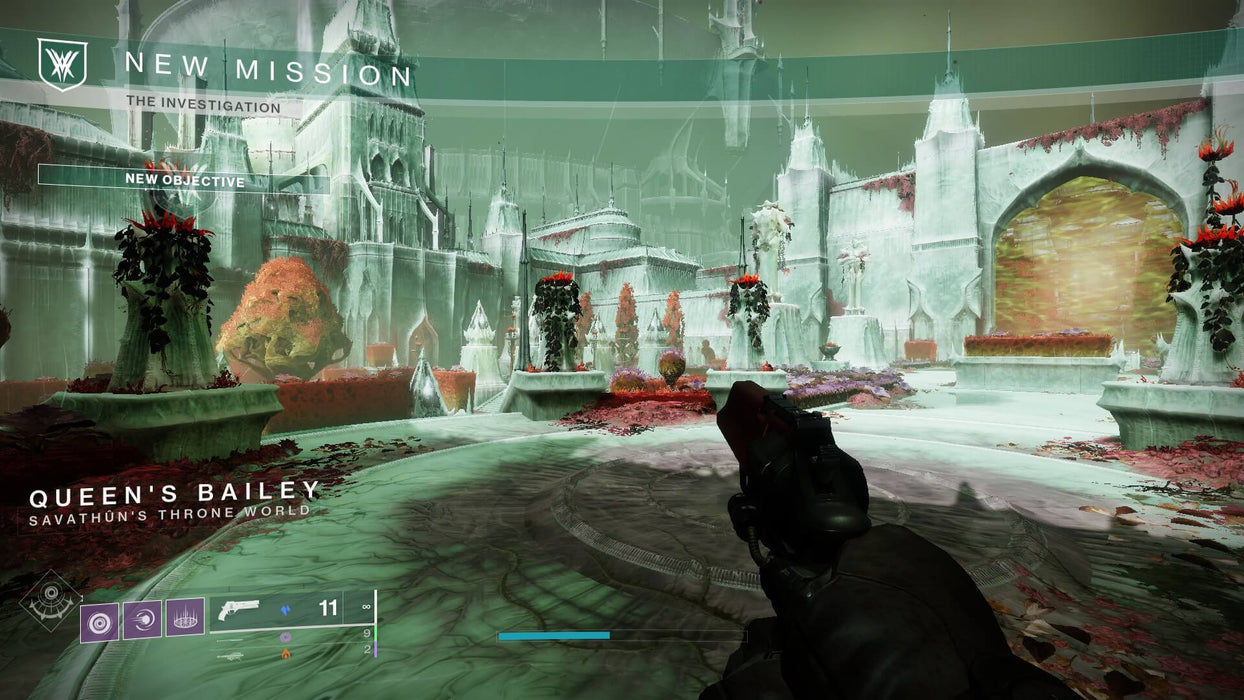 Screenshot from Destiny 2: The Witch Queen expansion, showcasing the entrance to Queen's Bailey in Savathûn’s Throne World. A Guardian wields a hand cannon while exploring the eerie, green-tinted fortress filled with gothic architecture, red flowers, and mystical energy. Available now at RushGame.co