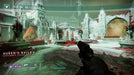 Screenshot from Destiny 2: The Witch Queen expansion, showcasing the entrance to Queen's Bailey in Savathûn’s Throne World. A Guardian wields a hand cannon while exploring the eerie, green-tinted fortress filled with gothic architecture, red flowers, and mystical energy. Available now at RushGame.co