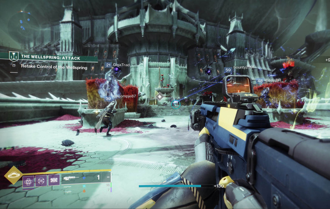 Intense battle scene in Destiny 2: The Witch Queen, depicting a fireteam fighting in The Wellspring activity. Guardians engage in combat against formidable Hive enemies inside a massive, ancient fortress, using a mix of energy weapons and abilities. Get your Destiny 2 key at RushGame.co