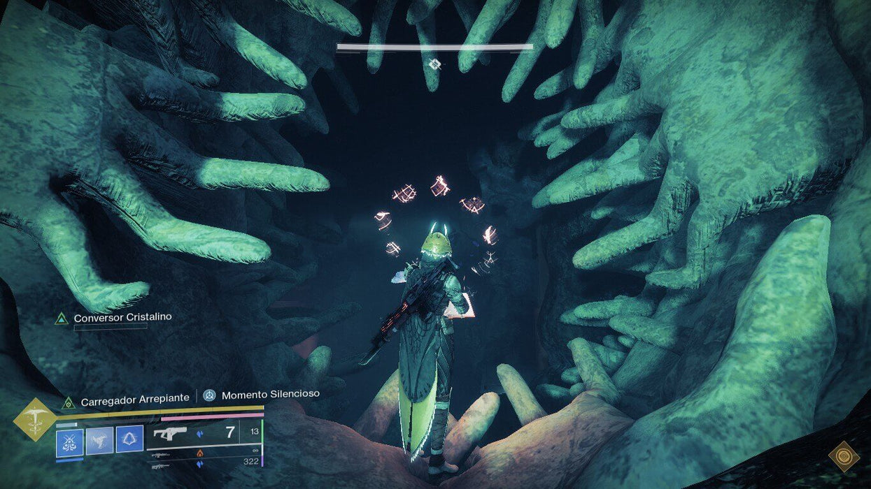 Gameplay screen - A Guardian explores a dark, eerie cavern with organic-looking formations resembling teeth in Destiny 2. Floating runes glow ominously in the center, marking a mysterious objective. Purchase Destiny 2: The Witch Queen expansions at RushGame.co