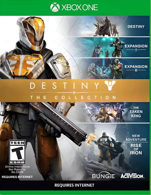 Cover art for Destiny: The Collection on Xbox One, featuring a heavily armored Guardian wielding a futuristic weapon. The game includes multiple expansions such as The Taken King and Rise of Iron. Available now at RushGame.co