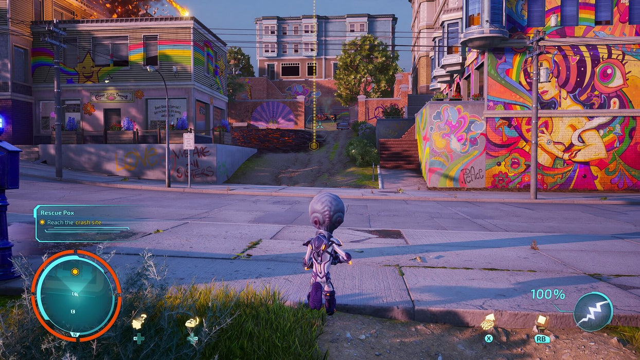 Psychedelic urban environment in Destroy All Humans! 2 Reprobed. Crypto walks through a colorful district covered in graffiti and street art, with rainbow-painted buildings and neon lights. The game’s vibrant, 1960s-inspired aesthetic is on full display. Purchase Destroy All Humans! 2 Reprobed PC Steam CD Key now at RushGame.co