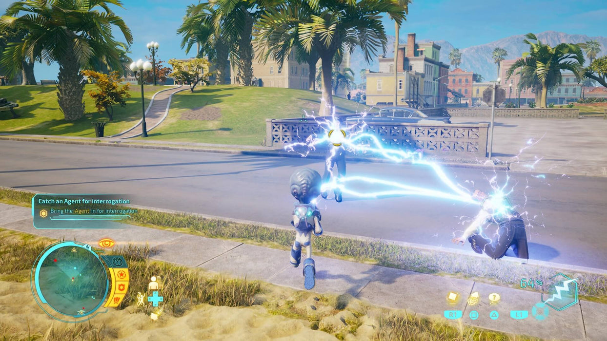 Destroy All Humans! (PC, Steam) Gameplay screenshot – Electric Attack – Action-packed moment from Destroy All Humans! on PC, where the alien protagonist zaps a human enemy with an electric weapon in a tropical city. Purchase your Steam key now at RushGame.co