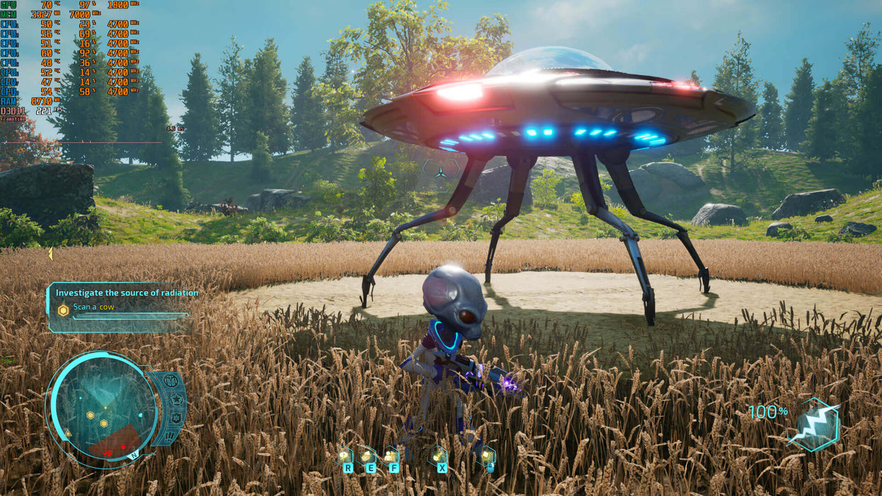Destroy All Humans! (PC, Steam) Gameplay screenshot – UFO Landing – In-game screenshot from Destroy All Humans! showing the player's UFO landed in an open field, with the alien character preparing for a mission. Get your game key instantly at RushGame.co
