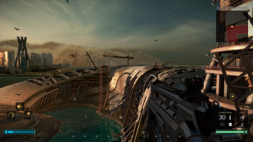  Dystopian cityscape - gameplay screenshot "A player aiming from a rooftop at a dystopian cityscape in Deus Ex: Mankind Divided Digital Deluxe Edition. Experience intense action and deep storytelling with a Steam CD Key from RushGame.co