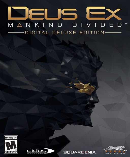 Official cover art of Deus Ex: Mankind Divided Digital Deluxe Edition for PC Steam, featuring a futuristic polygonal design of Adam Jensen's face. Buy your game key instantly at RushGame.co