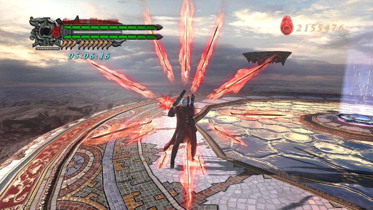 A Gameplay screenshot of Dante executing a powerful special move in Devil May Cry 4: Special Edition, with fiery red projectiles emanating from his hands on a circular battlefield high above the clouds. Purchase the Devil May Cry 4: Special Edition PC Steam CD Key at RushGame.co