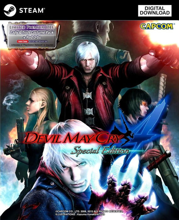 The cover of Devil May Cry 4: Special Edition for Steam, featuring Dante, Nero, and other characters in an action-packed pose. The artwork showcases stylish combat with fiery effects. Get the Devil May Cry 4: Special Edition PC Steam CD Key at RushGame.co