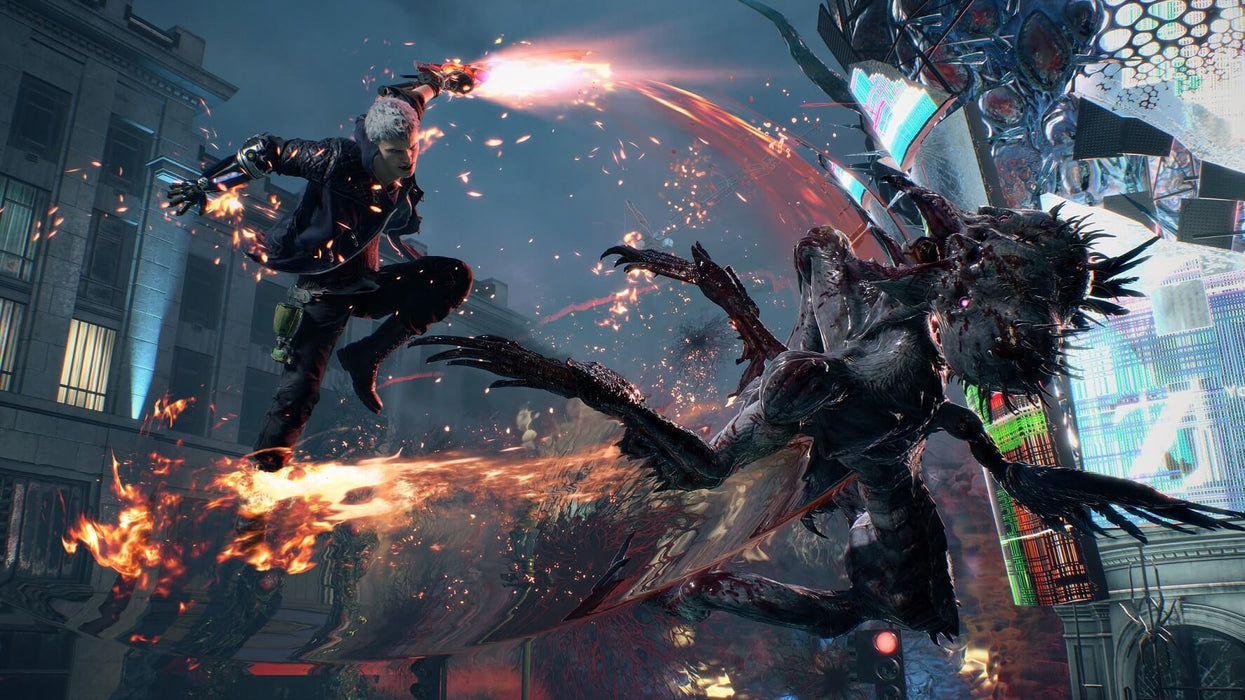 A game screenshot of High-action combat in Devil May Cry 5: Deluxe Edition for Default Title and Series X|S, showing Nero using his Devil Breaker arm against a monstrous foe. Secure your digital key at RushGame.co now