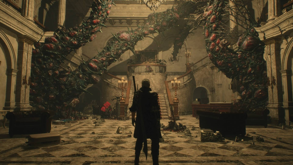 Gameplay screenshot: Atmospheric scene from Devil May Cry 5: Deluxe Edition on Default Title/Series X|S, with Nero standing in a ruined gothic mansion overtaken by demonic roots. Get your instant CD Key at RushGame.co