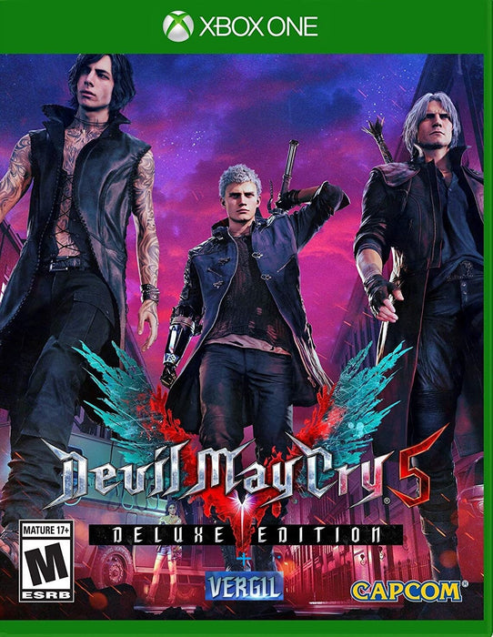 Cover art of Devil May Cry 5: Deluxe Edition + Vergil DLC for Default Title and Series X|S, featuring Nero, Dante, and V standing against a dark city backdrop. Buy your digital key now at RushGame.co and join the demon hunt