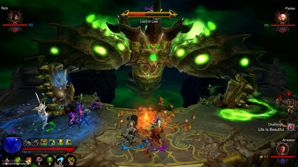 Boss fight against Belial in Diablo III: Eternal Collection  gameplay screen – A massive, demonic creature with glowing green eyes and monstrous fangs dominates the screen as players engage in an intense raid battle. Multiple characters use spells and weapons to bring down the fearsome enemy. Get your Diablo III CD Key instantly at RushGame.co