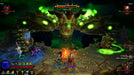 Boss fight against Belial in Diablo III: Eternal Collection  gameplay screen – A massive, demonic creature with glowing green eyes and monstrous fangs dominates the screen as players engage in an intense raid battle. Multiple characters use spells and weapons to bring down the fearsome enemy. Get your Diablo III CD Key instantly at RushGame.co