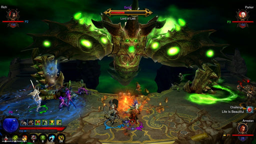 Boss fight against Belial in Diablo III: Eternal Collection  gameplay screen – A massive, demonic creature with glowing green eyes and monstrous fangs dominates the screen as players engage in an intense raid battle. Multiple characters use spells and weapons to bring down the fearsome enemy. Get your Diablo III CD Key instantly at RushGame.co