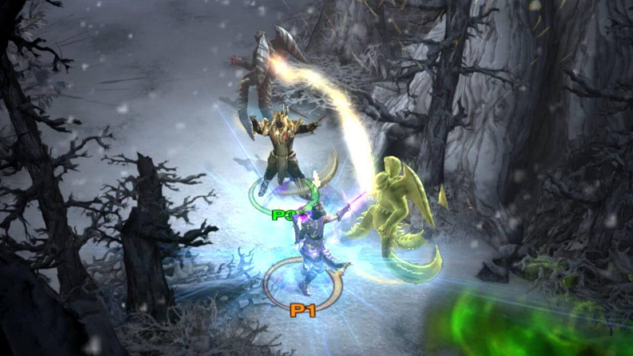 Co-op battle in Diablo III: Eternal Collection gameplay screenshot – Two players engage in a fierce combat sequence in a snow-covered battlefield, casting spells against a monstrous foe. Glowing energy effects illuminate the surroundings as the action unfolds. Secure your Diablo III: Eternal Collection key at RushGame.co