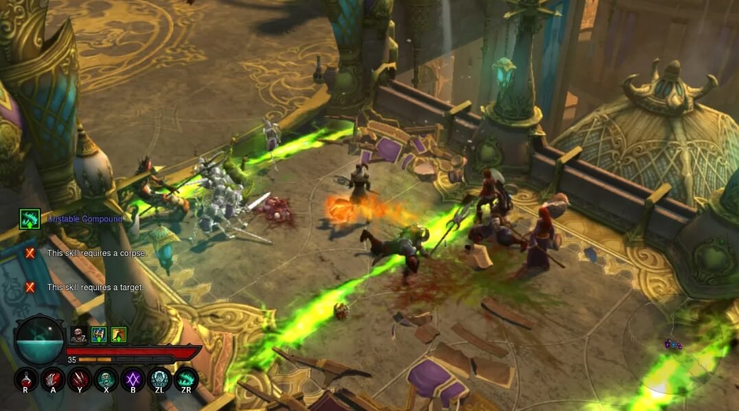 Screenshot of Diablo III: Eternal Collection gameplay – A top-down action RPG battle scene from Diablo III: Eternal Collection. A necromancer unleashes green toxic energy at enemies on an ornate golden battlefield, while fallen foes and broken furniture litter the area. The player's health and skill bars are visible in the UI. Buy your Diablo III CD Key at RushGame.co