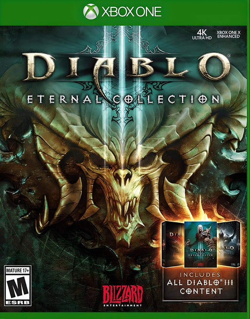 Cover art of Diablo III: Eternal Collection for Xbox One – The official cover for Diablo III: Eternal Collection on Xbox One, featuring a menacing demonic skull with glowing blue energy piercing through. The bottom right showcases the included expansions. Buy Diablo III: Eternal Collection at RushGame.co