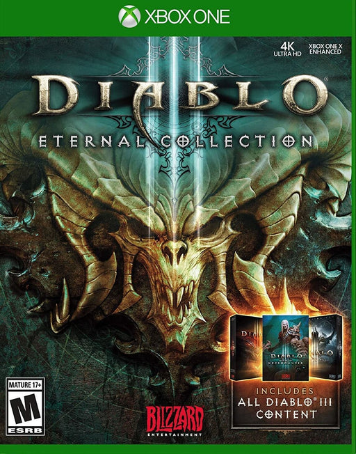 Cover art of Diablo III: Eternal Collection for Xbox One, featuring the demonic skull emblem and all included DLC content. Buy your digital key at RushGame.co