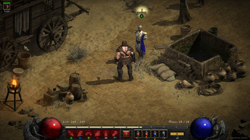 Gameplay screen - Diablo II: Resurrected desert town scene – A barbarian character stands in a sunlit desert village, engaging in conversation with an NPC merchant in Diablo II: Resurrected. The high-definition remaster of this classic RPG showcases rich textures and vibrant details. Buy your digital key now at RushGame.co