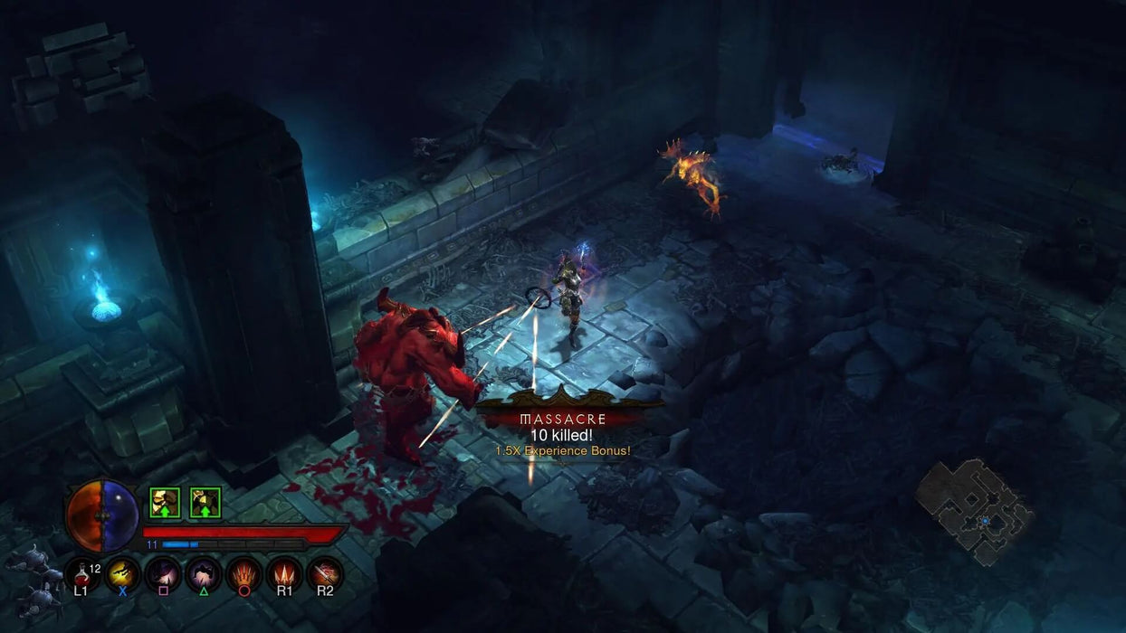 Gameplay screen - Diablo III dungeon battle against a red demon – A fierce battle in Diablo III as a hero takes on a massive red demon in an ancient dungeon. The glowing blue torches and dark stone corridors add to the ominous setting. Experience epic battles by purchasing your game key from RushGame.co