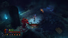 Gameplay screen - Diablo III dungeon battle against a red demon – A fierce battle in Diablo III as a hero takes on a massive red demon in an ancient dungeon. The glowing blue torches and dark stone corridors add to the ominous setting. Experience epic battles by purchasing your game key from RushGame.co