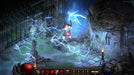 Diablo II: Resurrected gameplay screenshot – lightning attack – A powerful warrior unleashes a devastating lightning spell against an enemy in Diablo II: Resurrected. The detailed gothic environment, including a dark iron fence and an overgrown graveyard, enhances the eerie atmosphere. Get your Diablo II game key instantly at RushGame.co