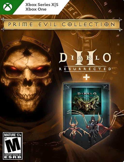 Diablo Prime Evil Collection Xbox One cover – The official cover art for Diablo Prime Evil Collection on Xbox One, featuring a menacing skeletal figure with glowing red eyes. The cover highlights Diablo II: Resurrected and Diablo III: Eternal Collection, showcasing bonus content and dark fantasy aesthetics. Available now at RushGame.co