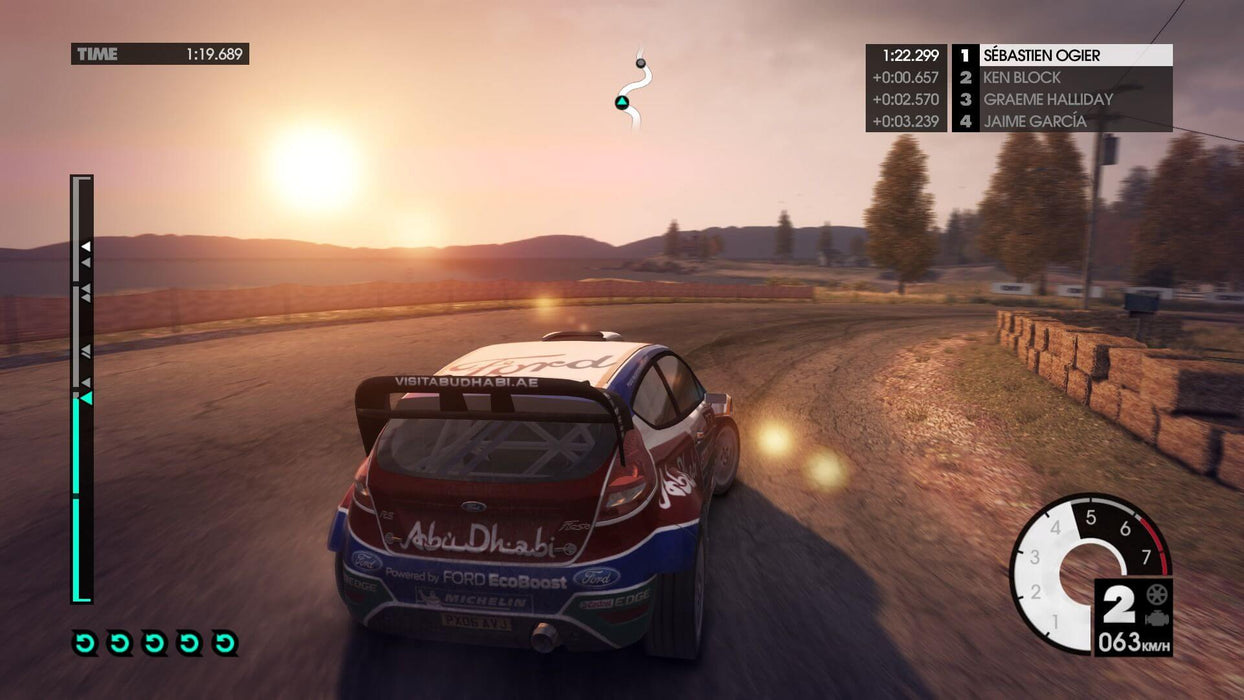 In-game screenshot from DiRT 3 Complete Edition showcasing a Ford Fiesta rally car speeding through a sunset-lit dirt track. The HUD displays real-time race statistics, including lap time and rankings. Buy the game key instantly on RushGame.co