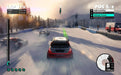 Gameplay screenshot - Snowy racing action in DiRT 3 Complete Edition as multiple cars drift across an icy track, kicking up powder. The on-screen UI shows the player's position and lap time, immersing players in thrilling rallycross competition. Get your digital code now at RushGame.co
