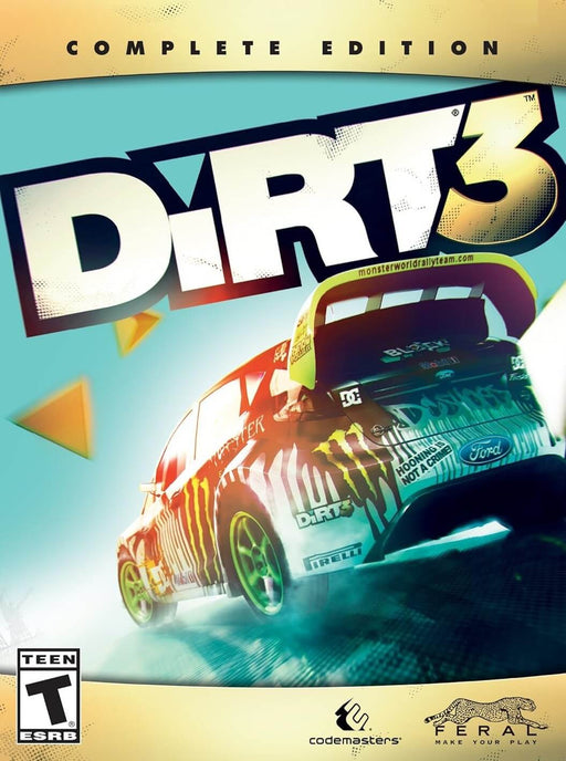 Cover art for DiRT 3 Complete Edition PC Steam CD Key, featuring a rally car with Monster Energy branding drifting on a vibrant blue background. The game's title is displayed in bold white letters, emphasizing the intense racing action available on RushGame.co