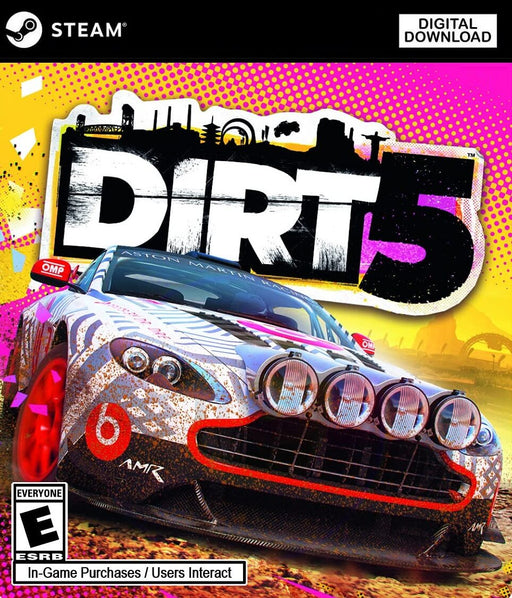 Official cover art for DIRT 5 on PC Steam, featuring a high-speed rally car with vibrant artwork and dynamic typography, emphasizing the game's arcade racing action. Available at RushGame.co